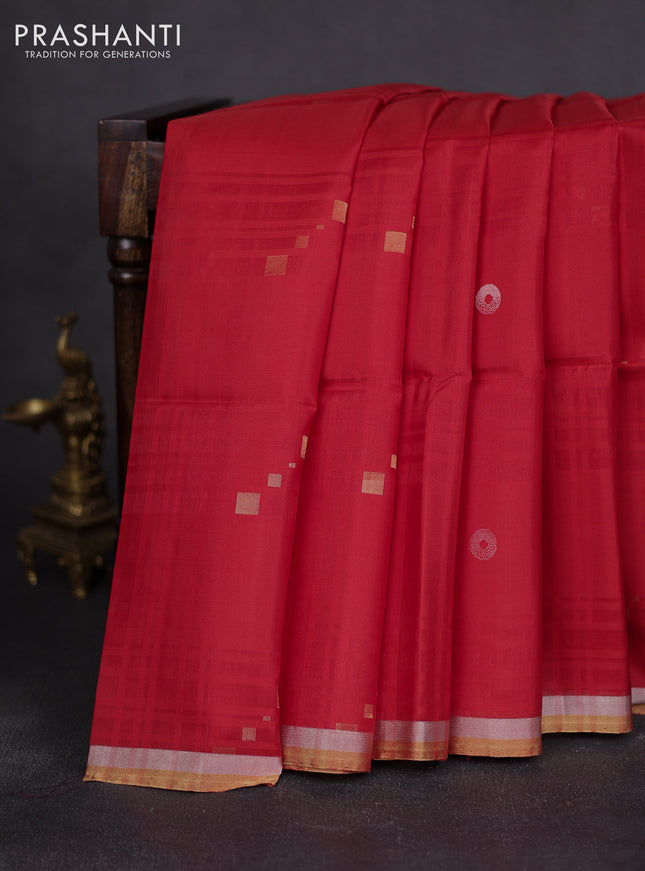 Pure soft silk saree red with zari woven geometric buttas and silver & gold zari woven border