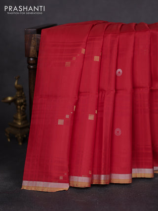 Pure soft silk saree red with zari woven geometric buttas and silver & gold zari woven border