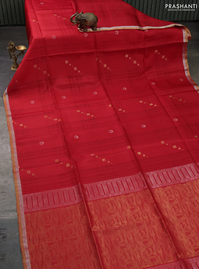Pure soft silk saree red with zari woven geometric buttas and silver & gold zari woven border