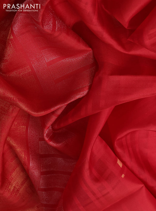 Pure soft silk saree red with zari woven geometric buttas and silver & gold zari woven border