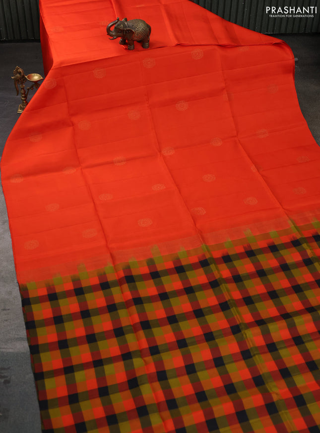 Pure soft silk saree orange and multi colour with zari woven buttas and small katams pallu