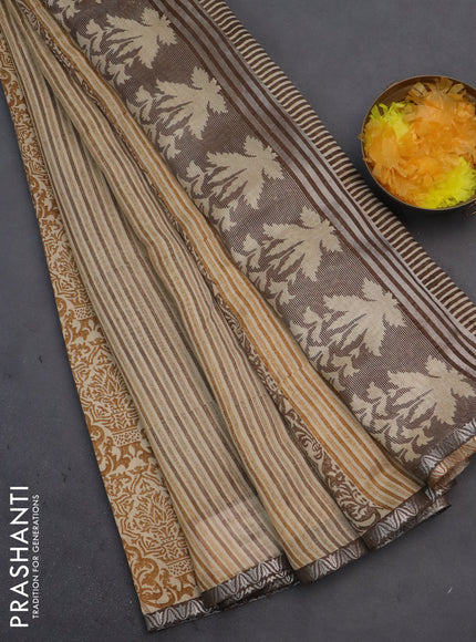 Chanderi silk cotton saree mustard yellow and sandal with allover prints and small zari woven border