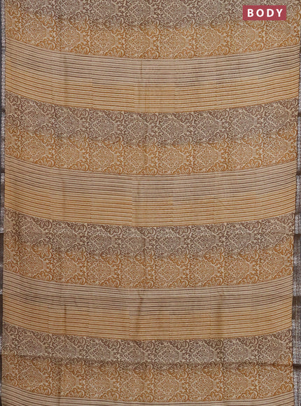 Chanderi silk cotton saree mustard yellow and sandal with allover prints and small zari woven border