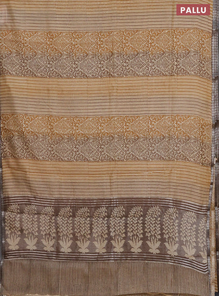 Chanderi silk cotton saree mustard yellow and sandal with allover prints and small zari woven border