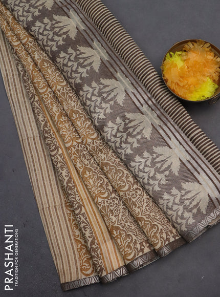 Chanderi silk cotton saree sandal and brown with allover prints and small zari woven border