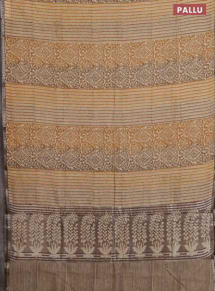 Chanderi silk cotton saree sandal and brown with allover prints and small zari woven border