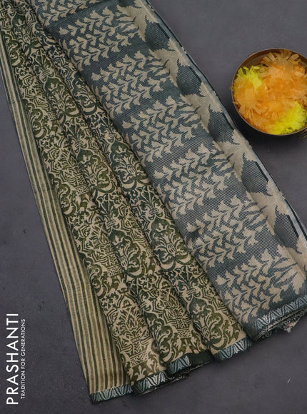 Chanderi silk cotton saree sandal and green with allover prints and small zari woven border