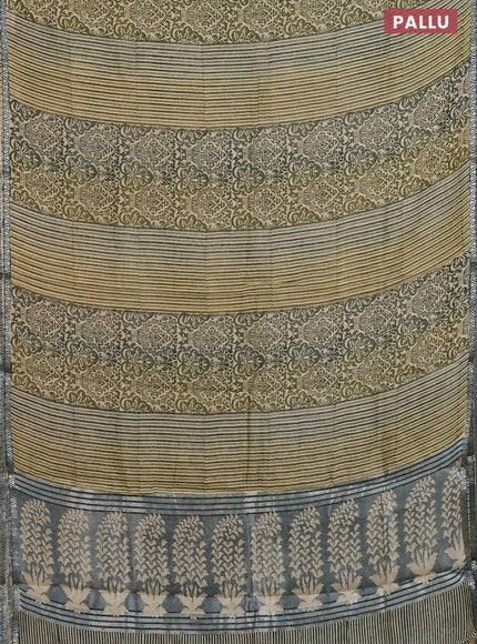 Chanderi silk cotton saree sandal and green with allover prints and small zari woven border