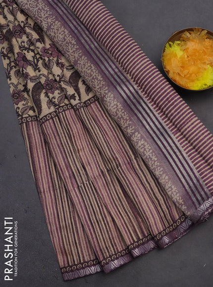 Chanderi silk cotton saree sandal and purple shade with allover prints and small zari woven border