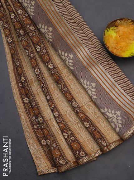 Chanderi silk cotton saree beige and brown with allover prints and small zari woven border