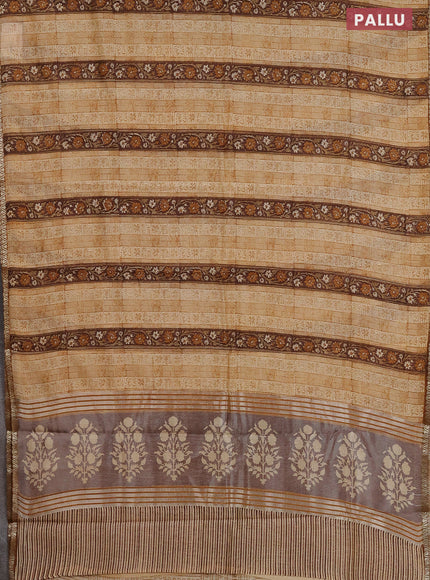 Chanderi silk cotton saree beige and brown with allover prints and small zari woven border