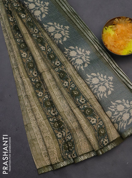 Chanderi silk cotton saree beige and sap green with allover prints and small zari woven border