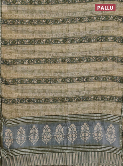 Chanderi silk cotton saree beige and sap green with allover prints and small zari woven border