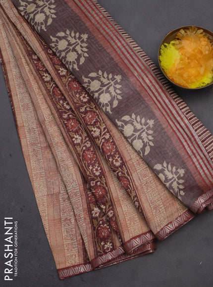 Chanderi silk cotton saree beige and maroon shade with allover prints and small zari woven border