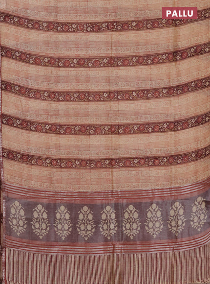 Chanderi silk cotton saree beige and maroon shade with allover prints and small zari woven border