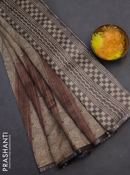Chanderi silk cotton saree beige and brown with allover prints and small zari woven border