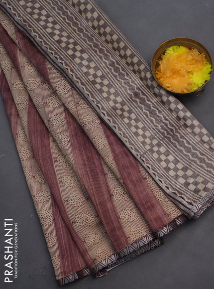 Chanderi silk cotton saree beige and rosy brown with allover prints and small zari woven border