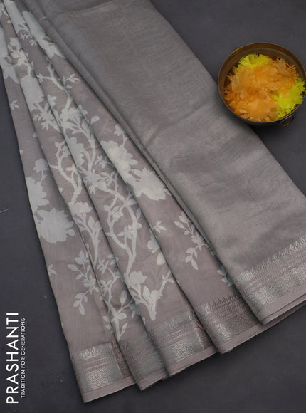 Chanderi silk cotton saree grey shade with allover prints and silver zari woven border