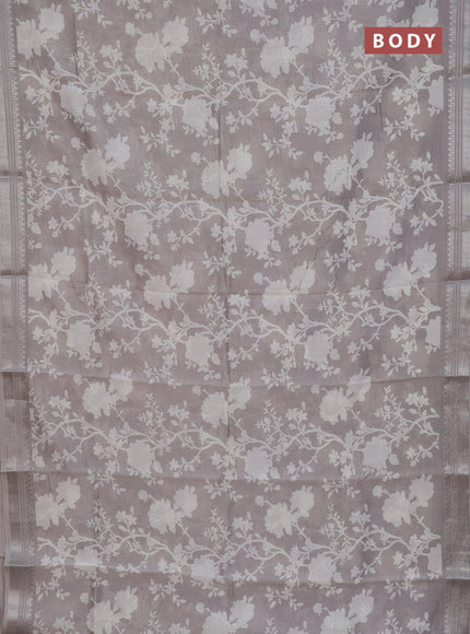 Chanderi silk cotton saree grey shade with allover prints and silver zari woven border