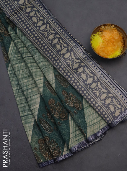 Chanderi silk cotton saree beige green and blue with allover prints and small zari woven border