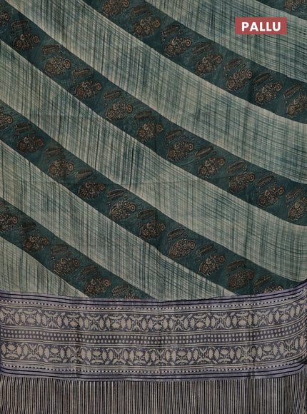 Chanderi silk cotton saree beige green and blue with allover prints and small zari woven border