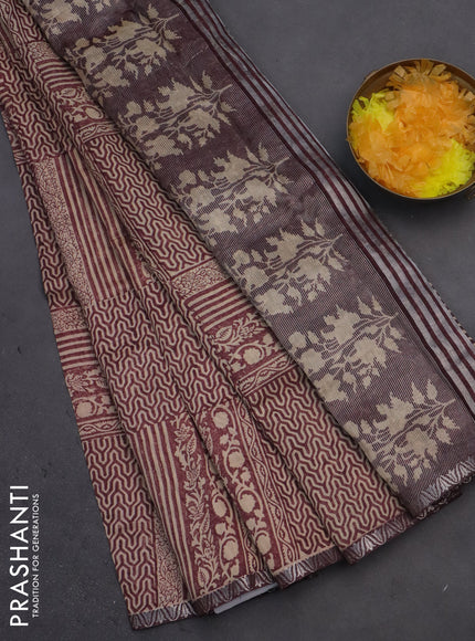 Chanderi silk cotton saree maroon and cream with allover prints and small zari woven border