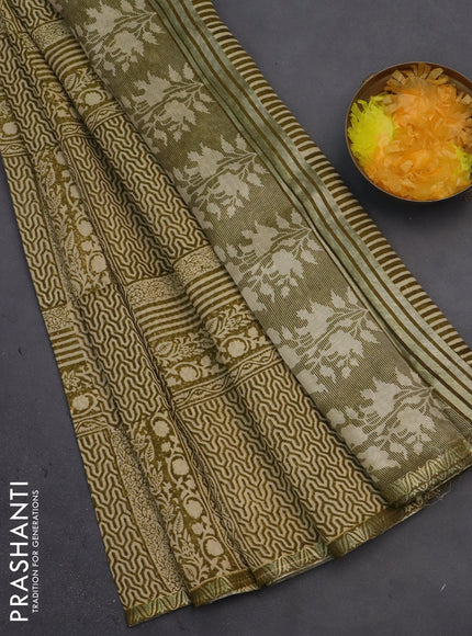 Chanderi silk cotton saree mehendi green and cream with allover prints and small zari woven border