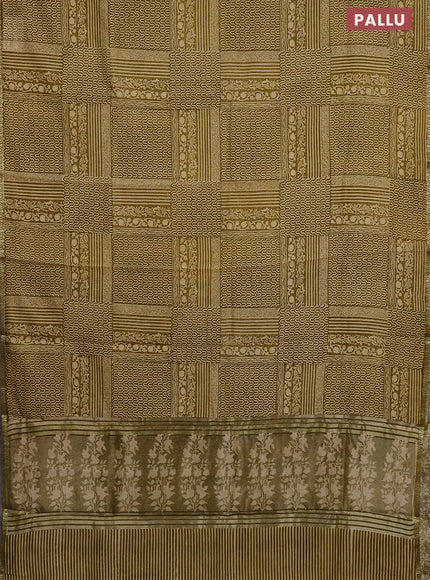 Chanderi silk cotton saree mehendi green and cream with allover prints and small zari woven border