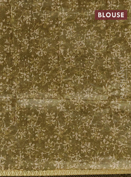 Chanderi silk cotton saree mehendi green and cream with allover prints and small zari woven border