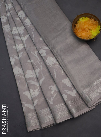 Chanderi silk cotton saree grey shade with allover prints and silver zari woven border