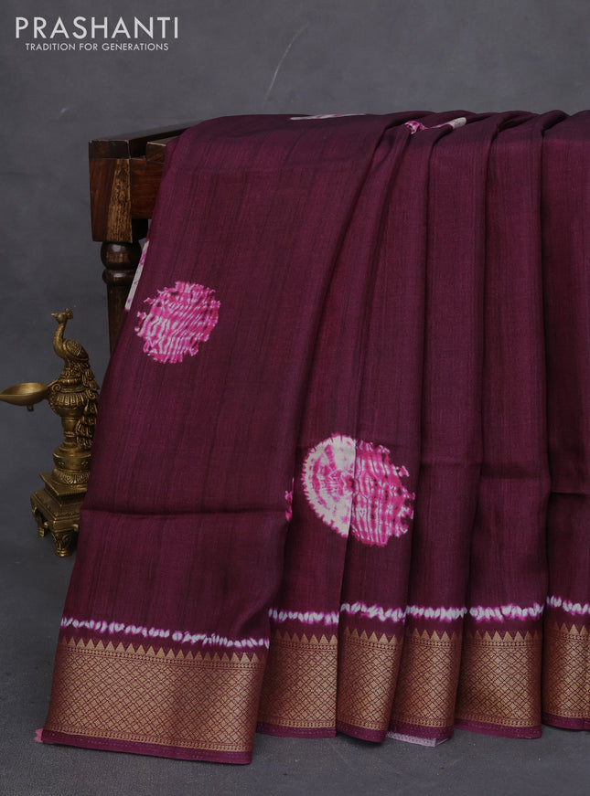 Semi crepe saree wine shade and mustard yellow with shibori butta prints and kalamkari printed pallu & zari border