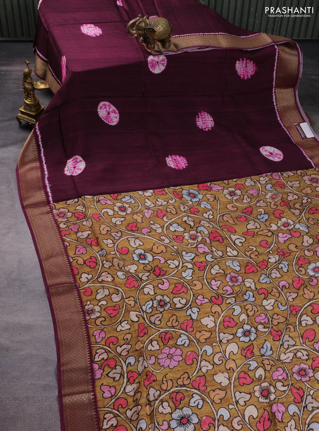 Semi crepe saree wine shade and mustard yellow with shibori butta prints and kalamkari printed pallu & zari border