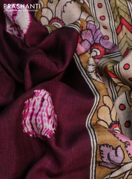 Semi crepe saree wine shade and mustard yellow with shibori butta prints and kalamkari printed pallu & zari border