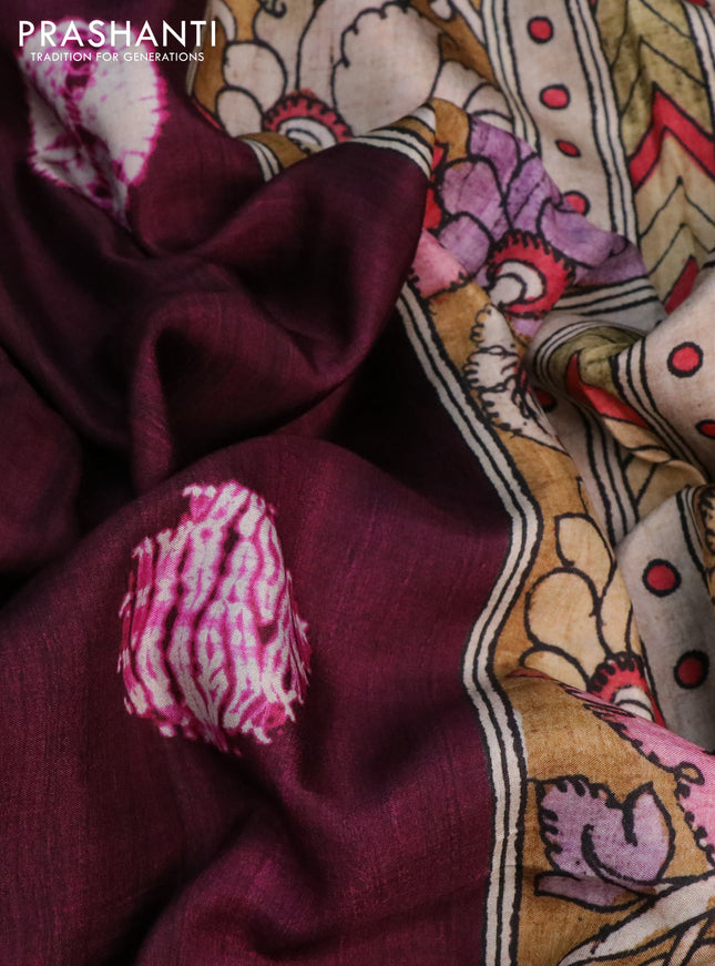 Semi crepe saree wine shade and mustard yellow with shibori butta prints and kalamkari printed pallu & zari border