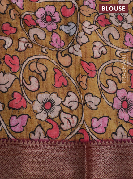 Semi crepe saree wine shade and mustard yellow with shibori butta prints and kalamkari printed pallu & zari border