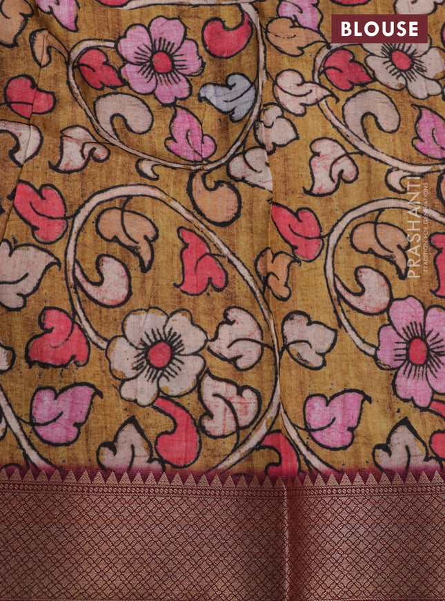 Semi crepe saree wine shade and mustard yellow with shibori butta prints and kalamkari printed pallu & zari border