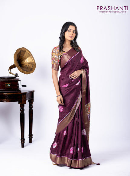 Semi crepe saree wine shade and mustard yellow with shibori butta prints and kalamkari printed pallu & zari border