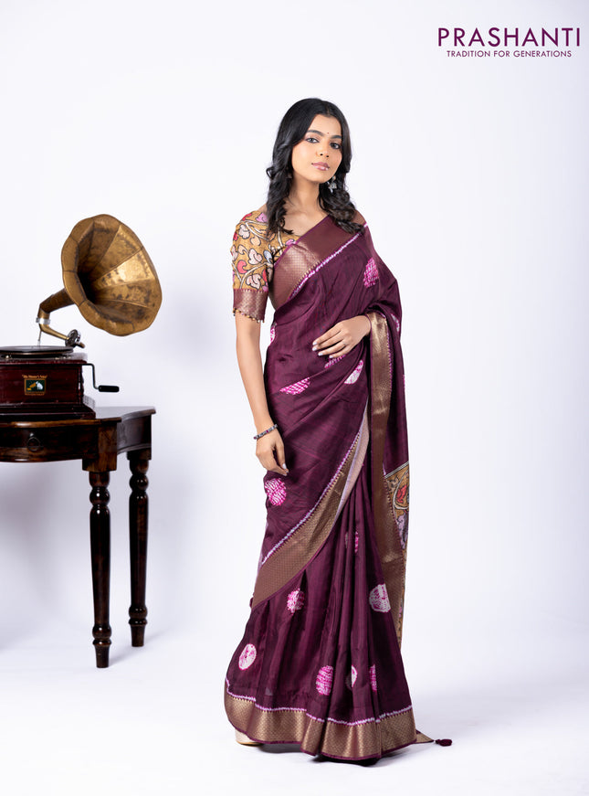 Semi crepe saree wine shade and mustard yellow with shibori butta prints and kalamkari printed pallu & zari border