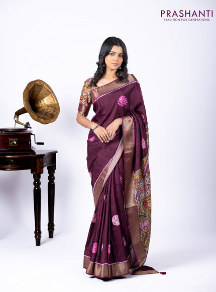 Semi crepe saree wine shade and mustard yellow with shibori butta prints and kalamkari printed pallu & zari border