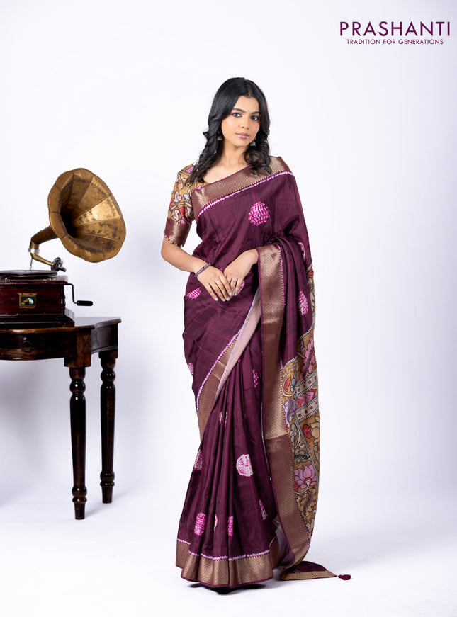 Semi crepe saree wine shade and mustard yellow with shibori butta prints and kalamkari printed pallu & zari border
