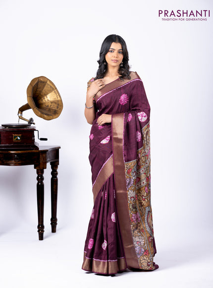 Semi crepe saree wine shade and mustard yellow with shibori butta prints and kalamkari printed pallu & zari border