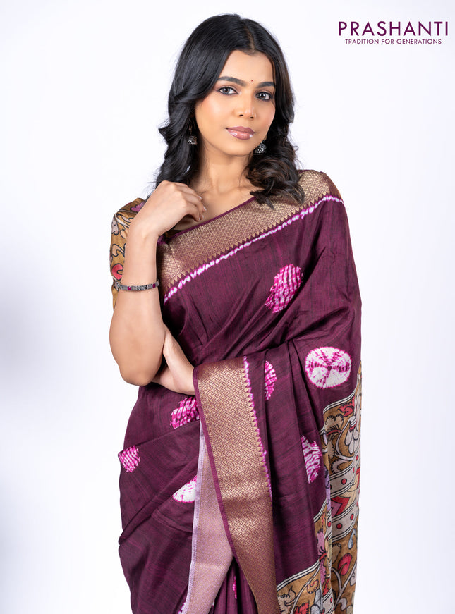Semi crepe saree wine shade and mustard yellow with shibori butta prints and kalamkari printed pallu & zari border