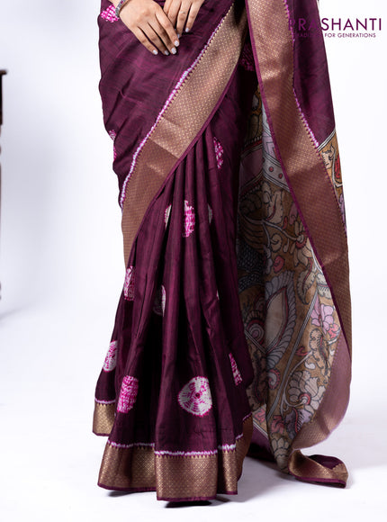Semi crepe saree wine shade and mustard yellow with shibori butta prints and kalamkari printed pallu & zari border