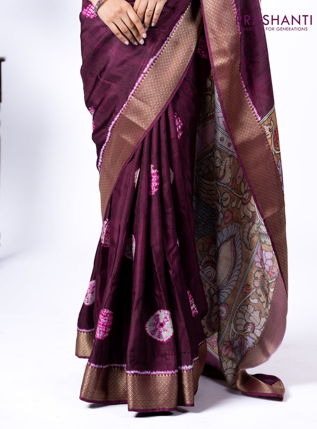 Semi crepe saree wine shade and mustard yellow with shibori butta prints and kalamkari printed pallu & zari border