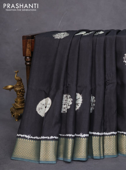 Semi crepe saree black and greyish green with shibori butta prints and kalamkari printed pallu & zari border