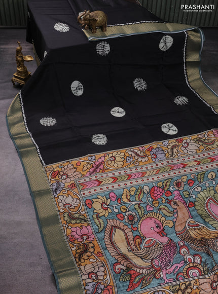 Semi crepe saree black and greyish green with shibori butta prints and kalamkari printed pallu & zari border