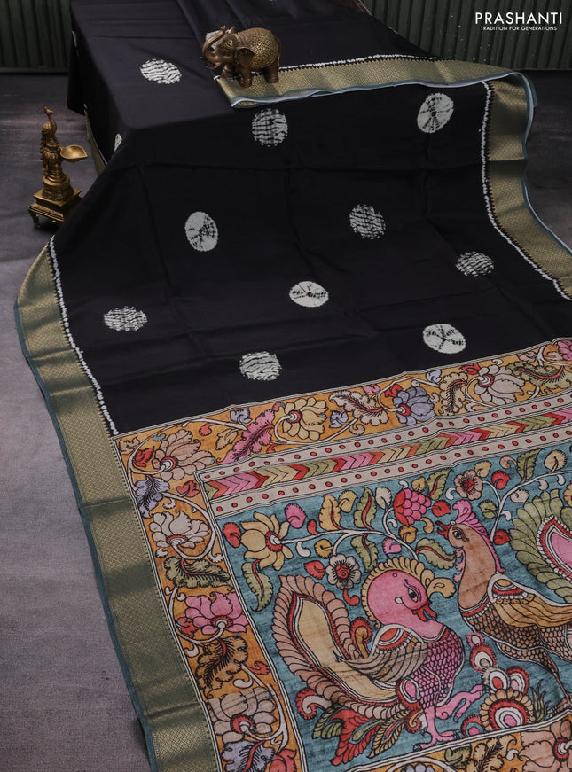 Semi crepe saree black and greyish green with shibori butta prints and kalamkari printed pallu & zari border