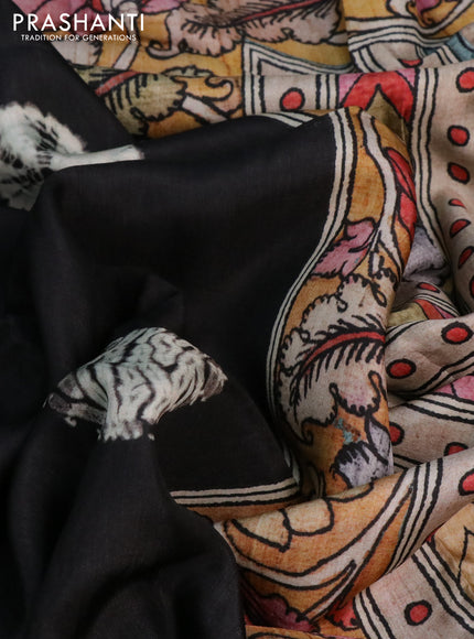 Semi crepe saree black and greyish green with shibori butta prints and kalamkari printed pallu & zari border