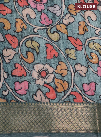 Semi crepe saree black and greyish green with shibori butta prints and kalamkari printed pallu & zari border