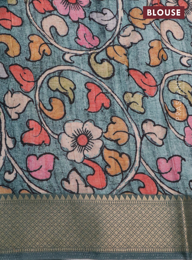 Semi crepe saree black and greyish green with shibori butta prints and kalamkari printed pallu & zari border